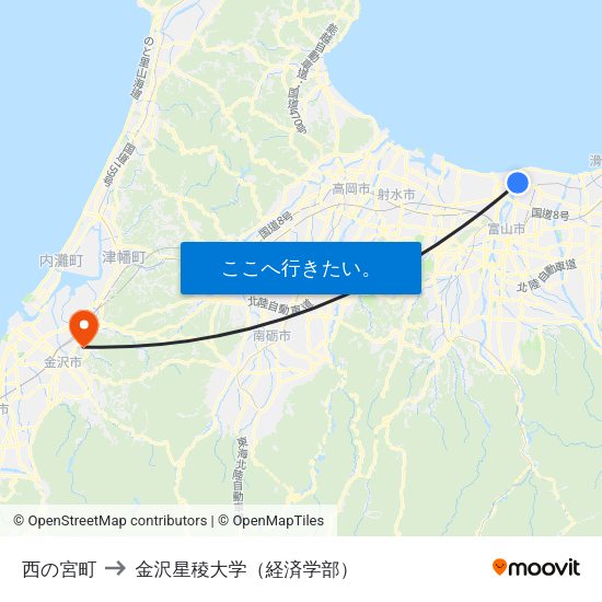 西の宮町 to 金沢星稜大学（経済学部） map