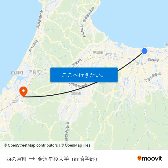 西の宮町 to 金沢星稜大学（経済学部） map