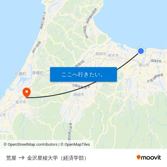 荒屋 to 金沢星稜大学（経済学部） map