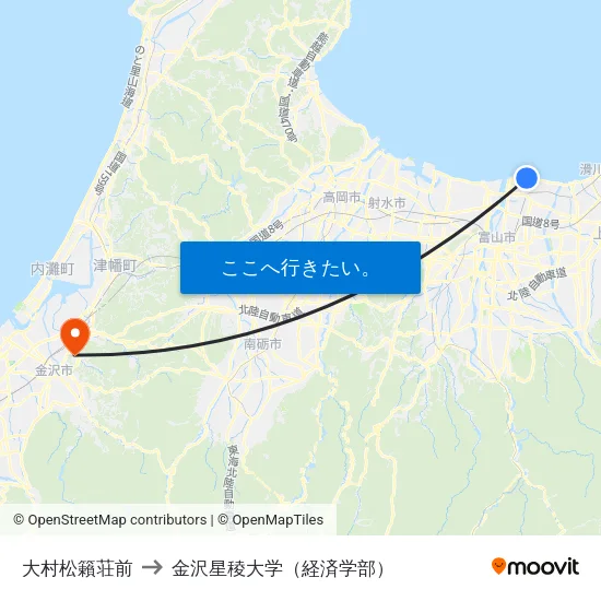 大村松籟荘前 to 金沢星稜大学（経済学部） map