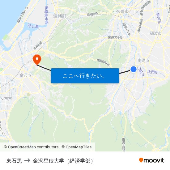 東石黒 to 金沢星稜大学（経済学部） map