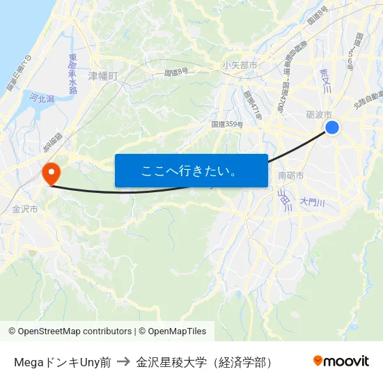 MegaドンキUny前 to 金沢星稜大学（経済学部） map