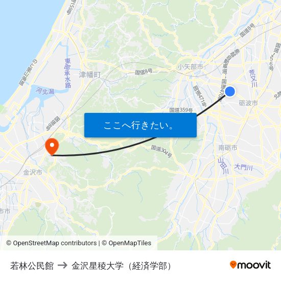 若林公民館 to 金沢星稜大学（経済学部） map