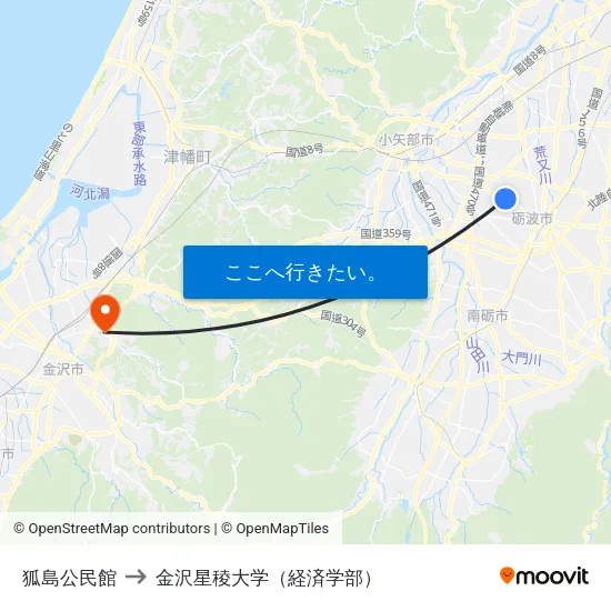 狐島公民館 to 金沢星稜大学（経済学部） map