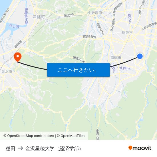 種田 to 金沢星稜大学（経済学部） map