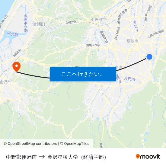 中野郵便局前 to 金沢星稜大学（経済学部） map