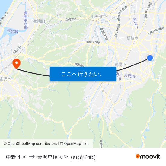 中野４区 to 金沢星稜大学（経済学部） map