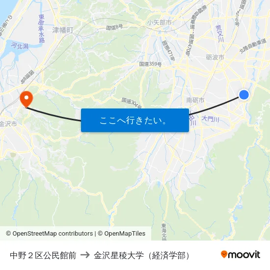中野２区公民館前 to 金沢星稜大学（経済学部） map