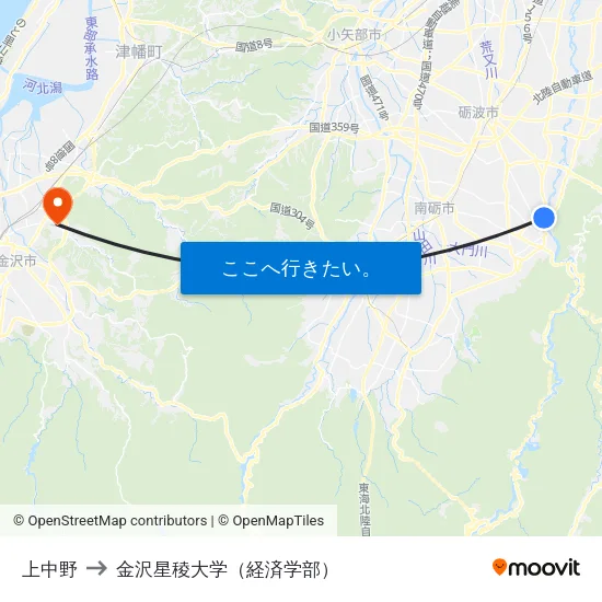 上中野 to 金沢星稜大学（経済学部） map