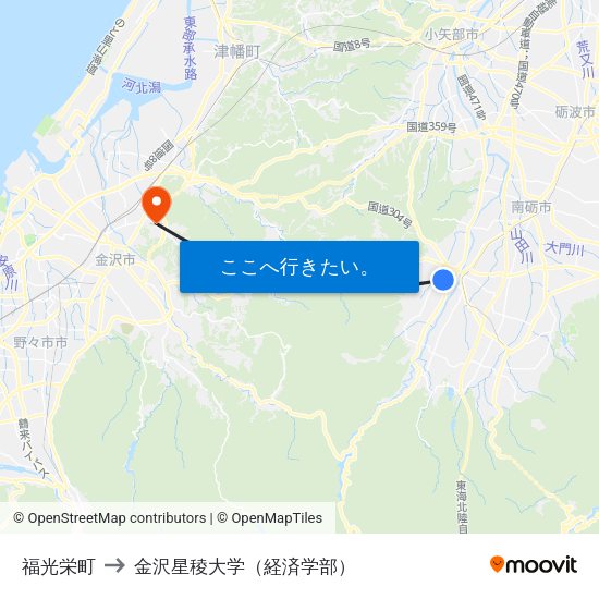 福光栄町 to 金沢星稜大学（経済学部） map