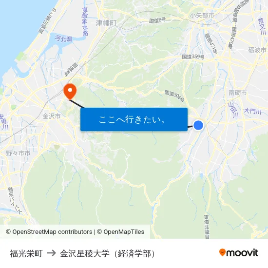 福光栄町 to 金沢星稜大学（経済学部） map
