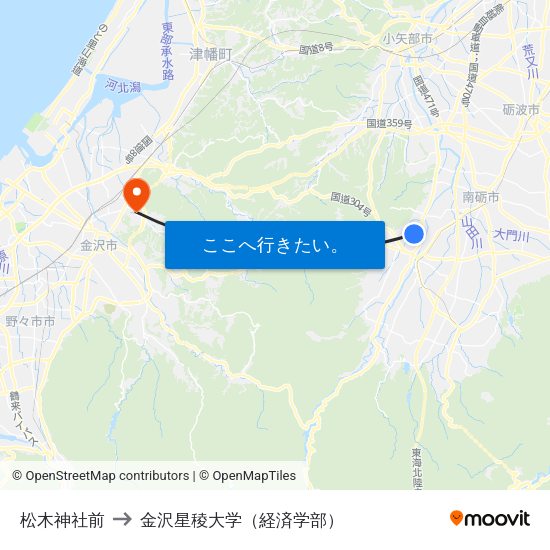 松木神社前 to 金沢星稜大学（経済学部） map