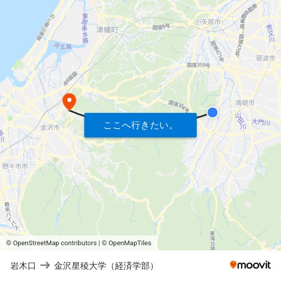 岩木口 to 金沢星稜大学（経済学部） map