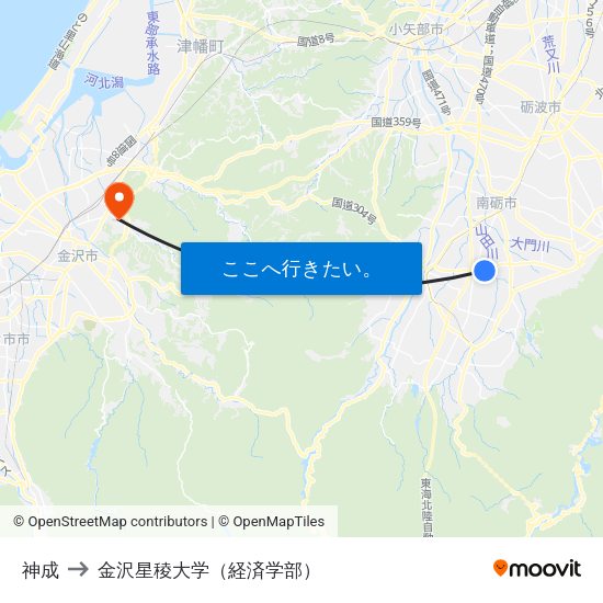 神成 to 金沢星稜大学（経済学部） map