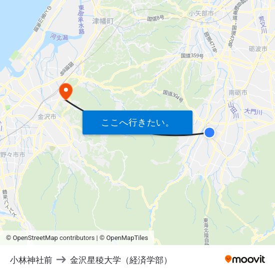小林神社前 to 金沢星稜大学（経済学部） map