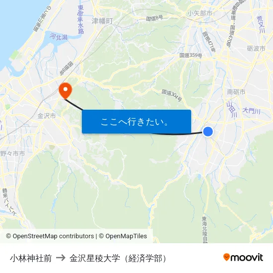 小林神社前 to 金沢星稜大学（経済学部） map