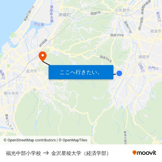 福光中部小学校 to 金沢星稜大学（経済学部） map