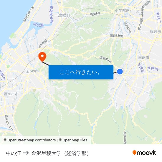 中の江 to 金沢星稜大学（経済学部） map