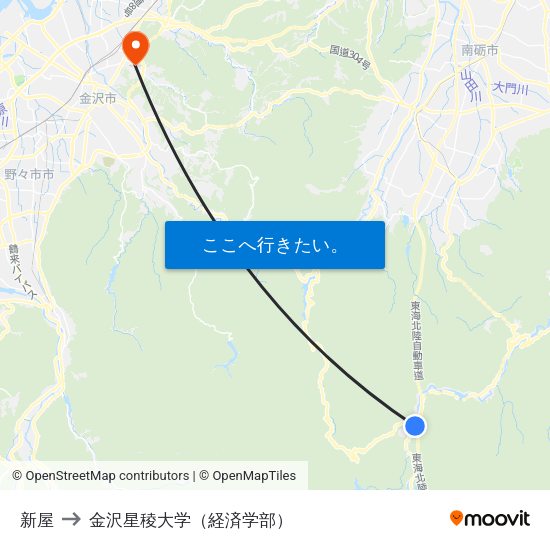 新屋 to 金沢星稜大学（経済学部） map