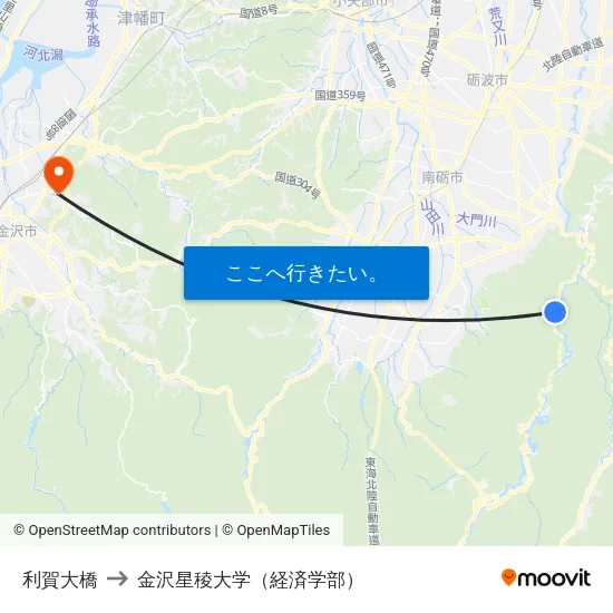 利賀大橋 to 金沢星稜大学（経済学部） map