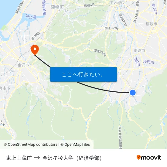 東上山蔵前 to 金沢星稜大学（経済学部） map