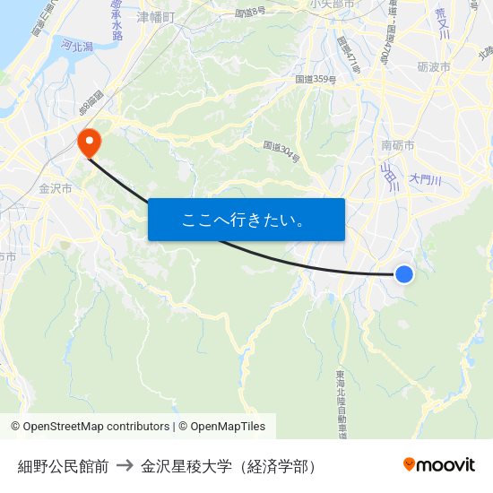 細野公民館前 to 金沢星稜大学（経済学部） map