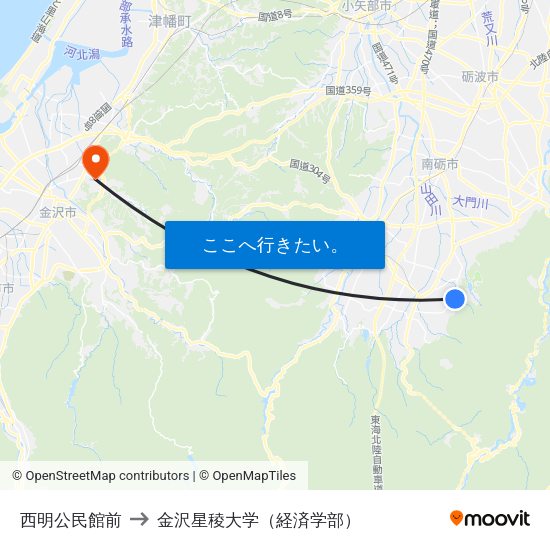 西明公民館前 to 金沢星稜大学（経済学部） map