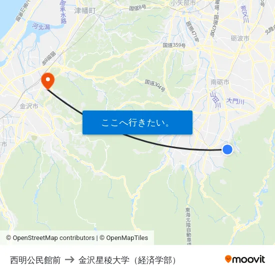 西明公民館前 to 金沢星稜大学（経済学部） map