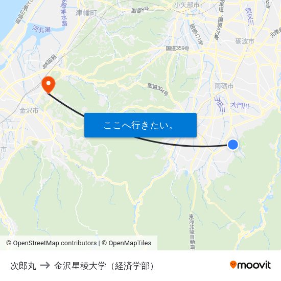 次郎丸 to 金沢星稜大学（経済学部） map