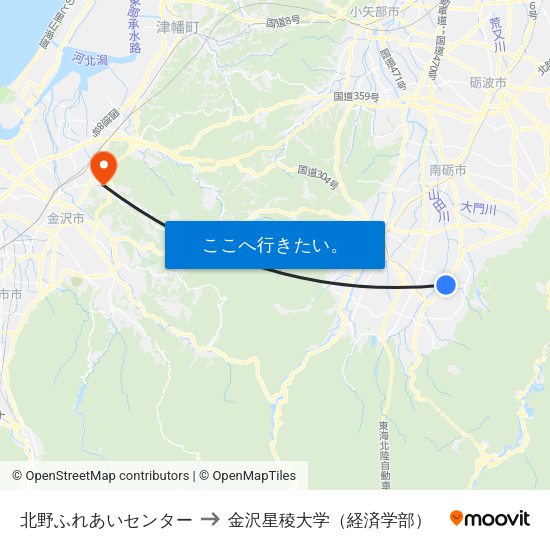 北野ふれあいセンター to 金沢星稜大学（経済学部） map