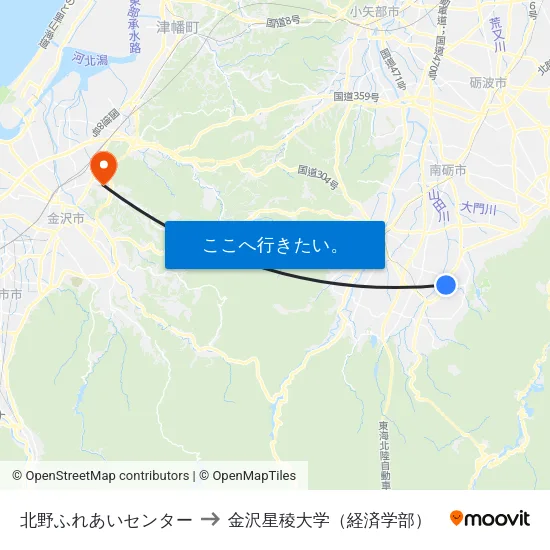 北野ふれあいセンター to 金沢星稜大学（経済学部） map