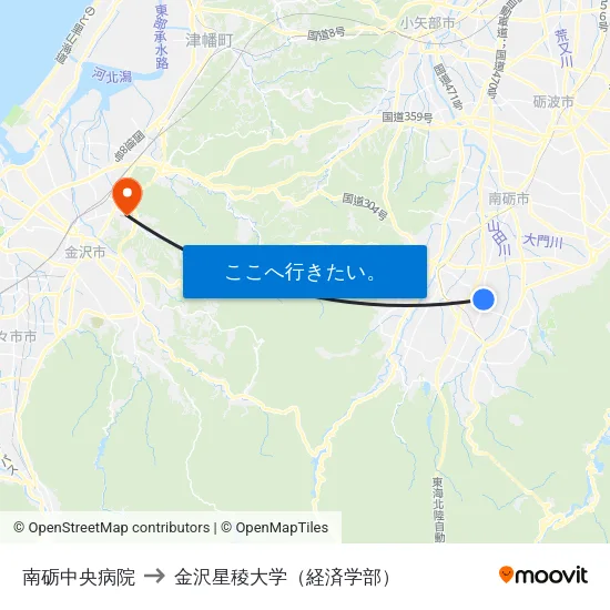 南砺中央病院 to 金沢星稜大学（経済学部） map