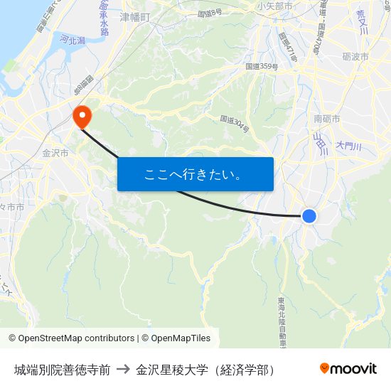 城端別院善徳寺前 to 金沢星稜大学（経済学部） map