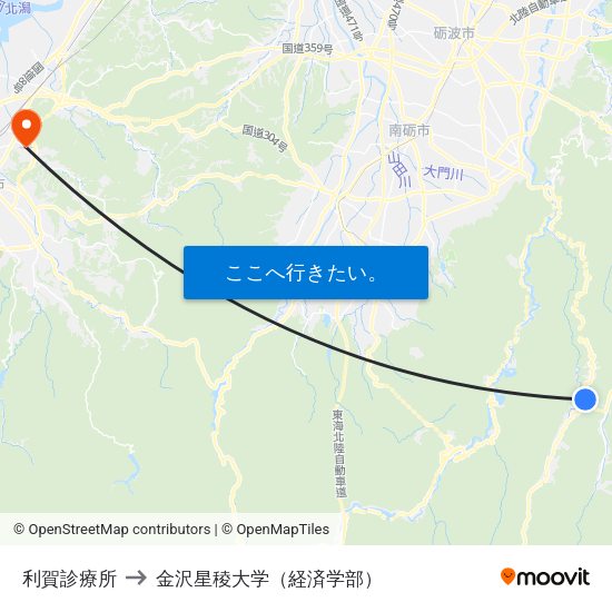 利賀診療所 to 金沢星稜大学（経済学部） map