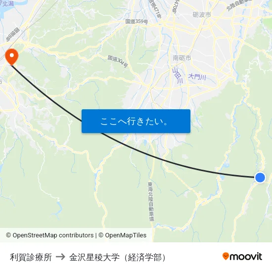 利賀診療所 to 金沢星稜大学（経済学部） map