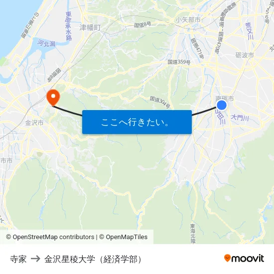 寺家 to 金沢星稜大学（経済学部） map