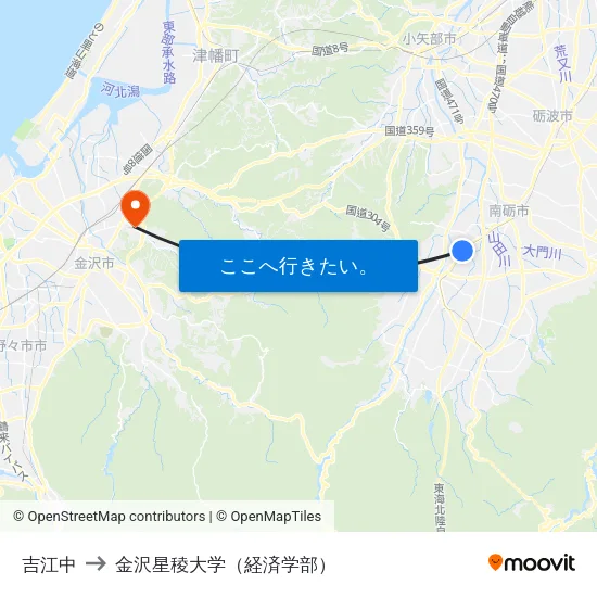 吉江中 to 金沢星稜大学（経済学部） map