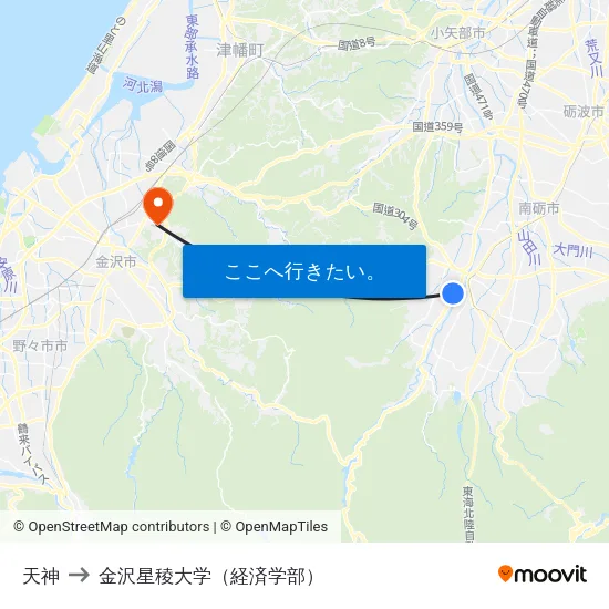 天神 to 金沢星稜大学（経済学部） map