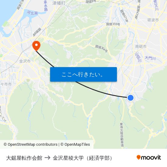大鋸屋転作会館 to 金沢星稜大学（経済学部） map