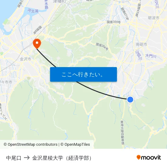中尾口 to 金沢星稜大学（経済学部） map