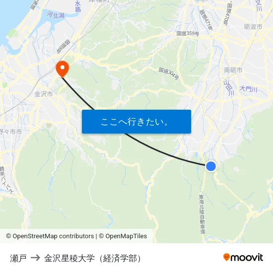 瀬戸 to 金沢星稜大学（経済学部） map