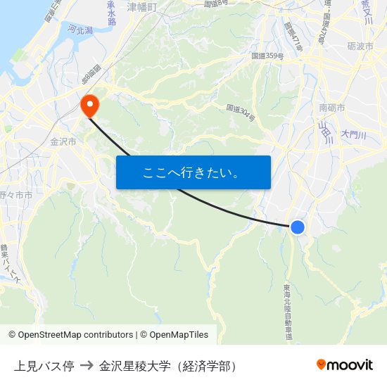 上見バス停 to 金沢星稜大学（経済学部） map