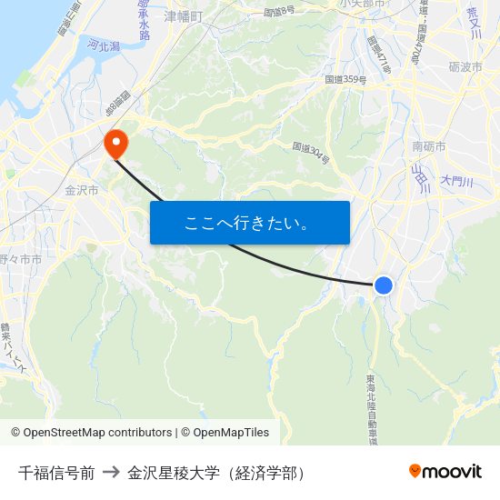 千福信号前 to 金沢星稜大学（経済学部） map