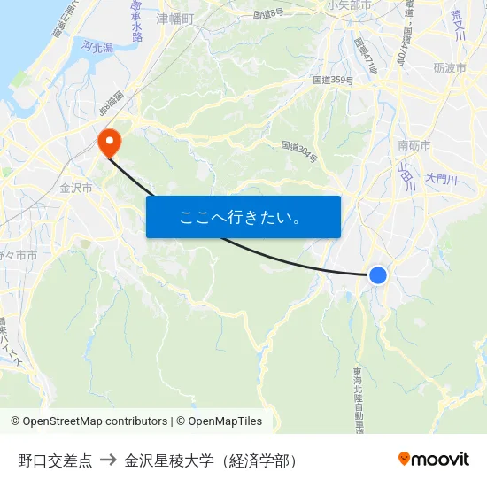 野口交差点 to 金沢星稜大学（経済学部） map