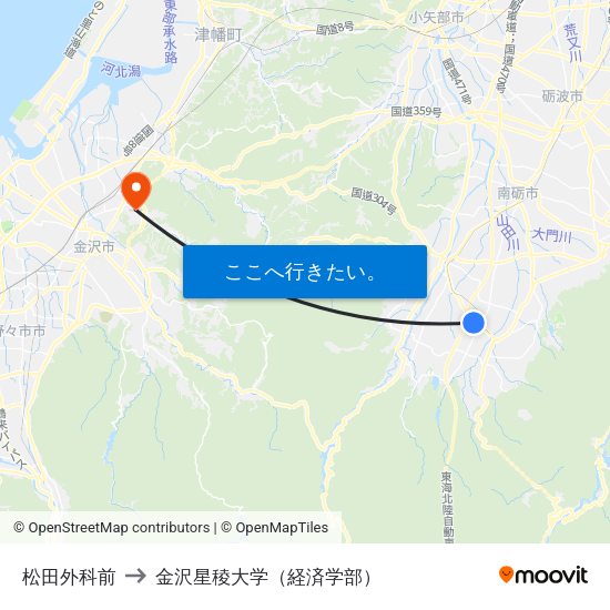 松田外科前 to 金沢星稜大学（経済学部） map