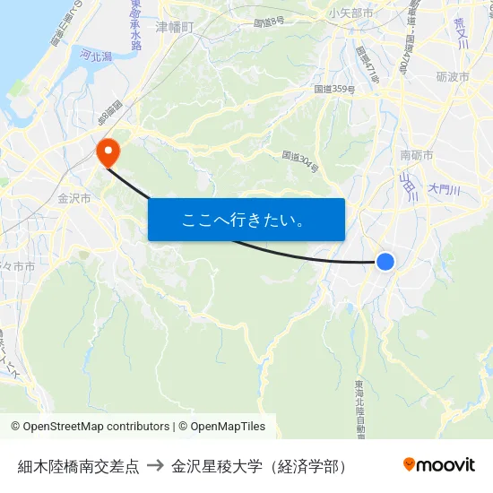 細木陸橋南交差点 to 金沢星稜大学（経済学部） map
