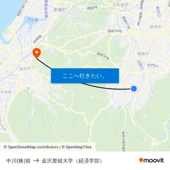 中川(株)前 to 金沢星稜大学（経済学部） map