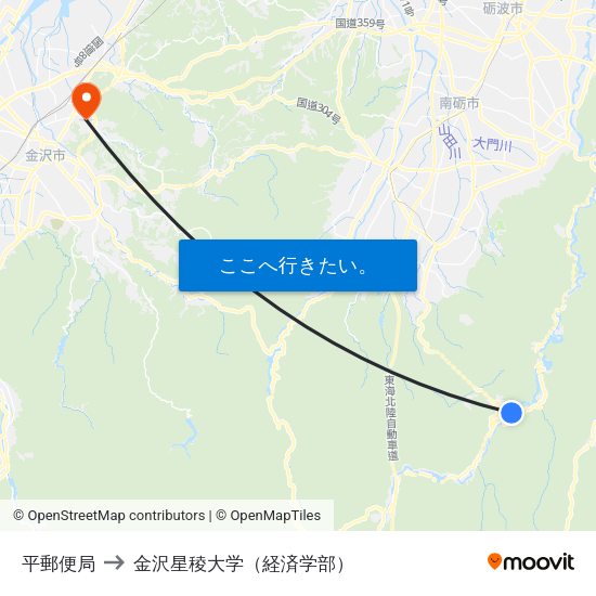 平郵便局 to 金沢星稜大学（経済学部） map