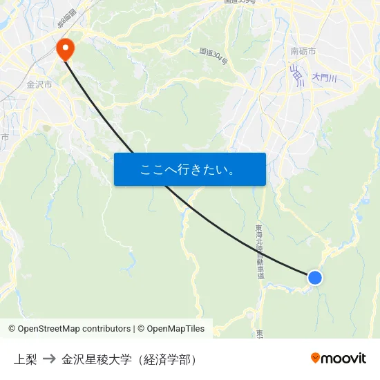 上梨 to 金沢星稜大学（経済学部） map