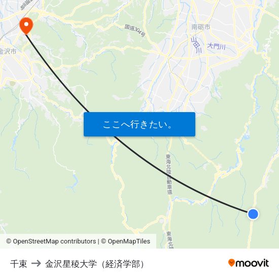 千束 to 金沢星稜大学（経済学部） map
